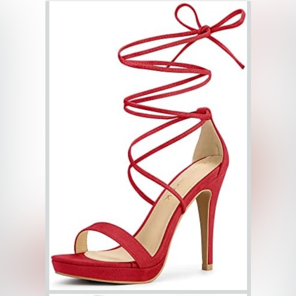 Allegra K Red Lace Up Heels Block Heel Tie Up Sandals Party Shoes 8 NEW